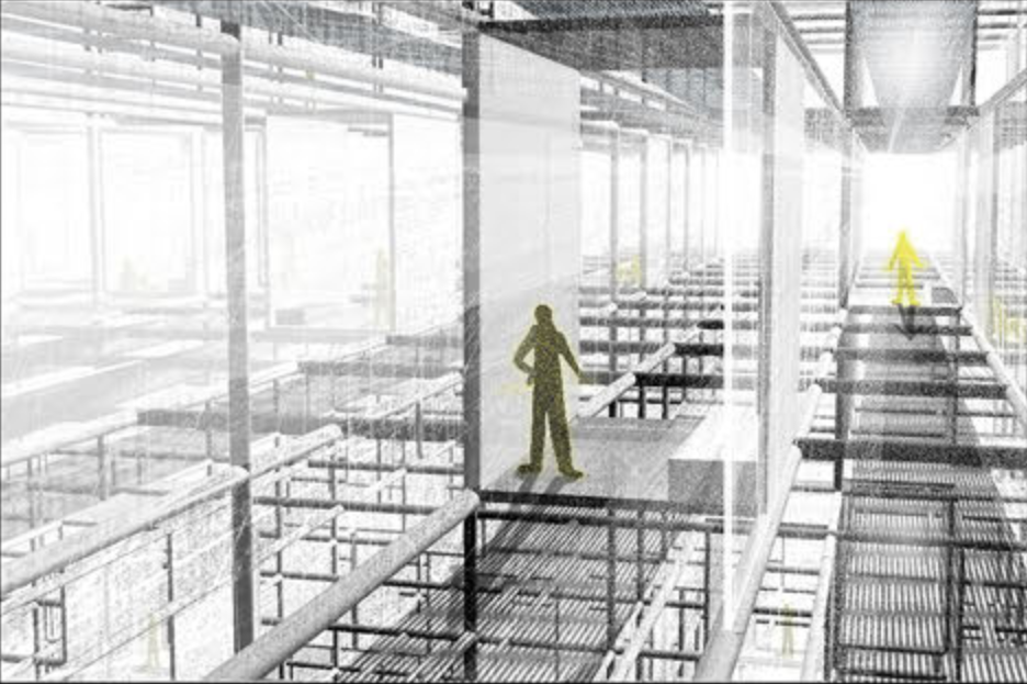 Prisoner’s Perspective – Elevated walkway emphasizing the transparency and openness of the rehabilitative environment.