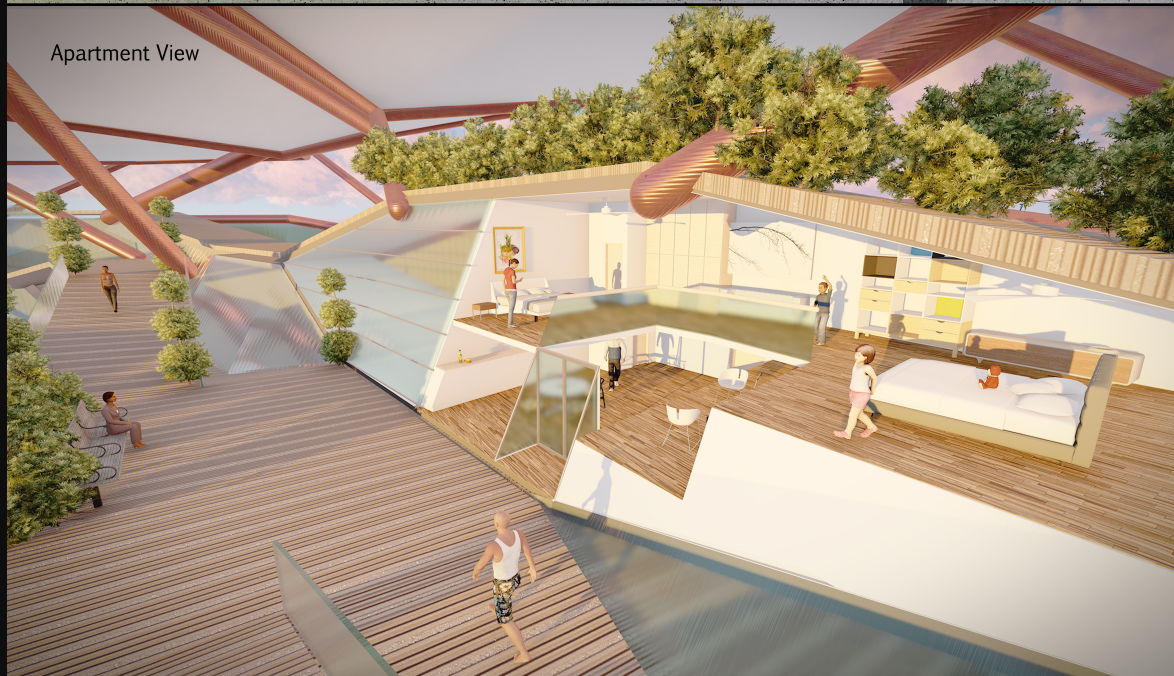 Apartment View – A conceptual rendering of residential spaces, highlighting open-air living, greenery, and community-oriented design.