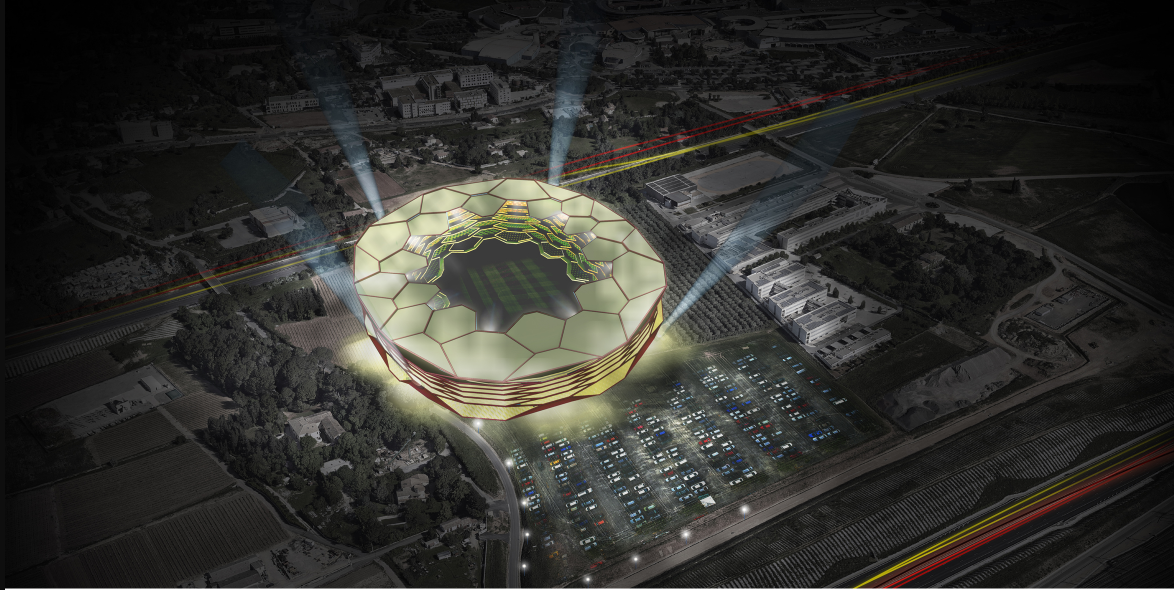 Aerial Night View – A futuristic stadium redesign illuminated, demonstrating its transformation into a dynamic, multi-functional urban hub.