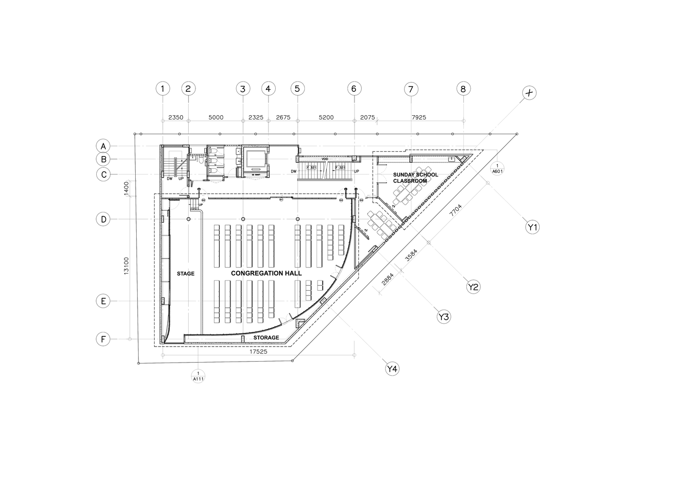 Floor plan drawing showing congregation hall with stage and corner Sunday school classroom