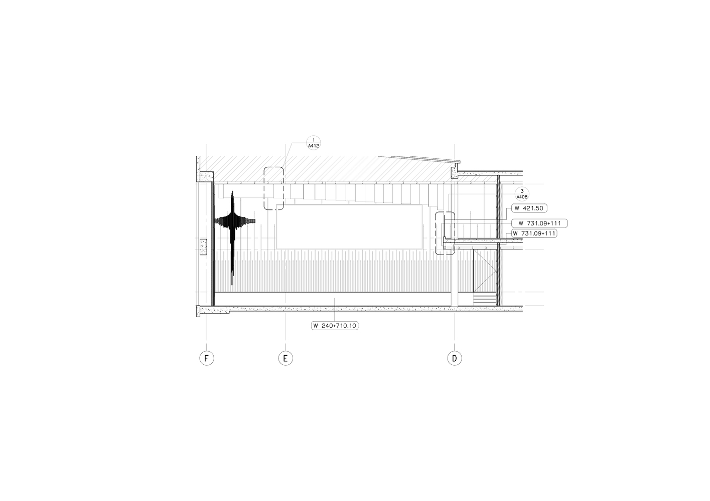 Section drawing showing a sloped roof structure with detailed wall assembly and a human figure for scale