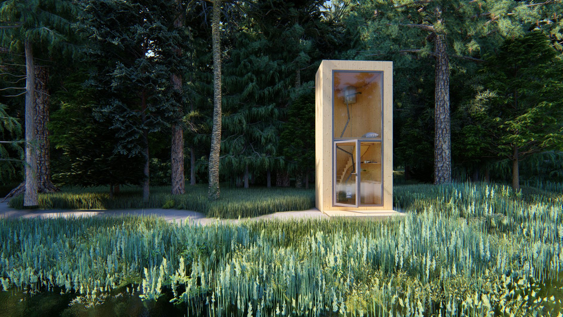 Compact meditation cabin designed for mindfulness, offering a seamless blend of simplicity and nature with a panoramic view.
