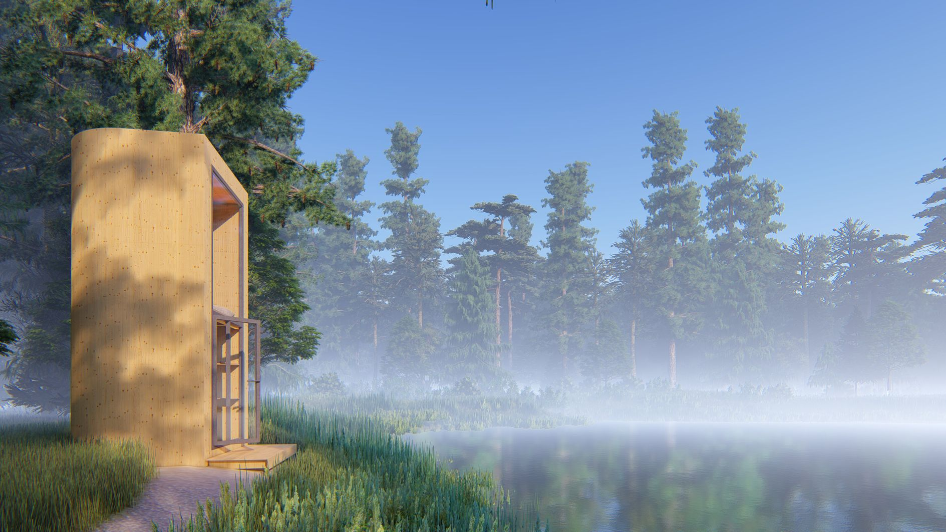 Serene meditation cabin by the lake, embracing minimalist design and natural harmony for a peaceful retreat in the wilderness.