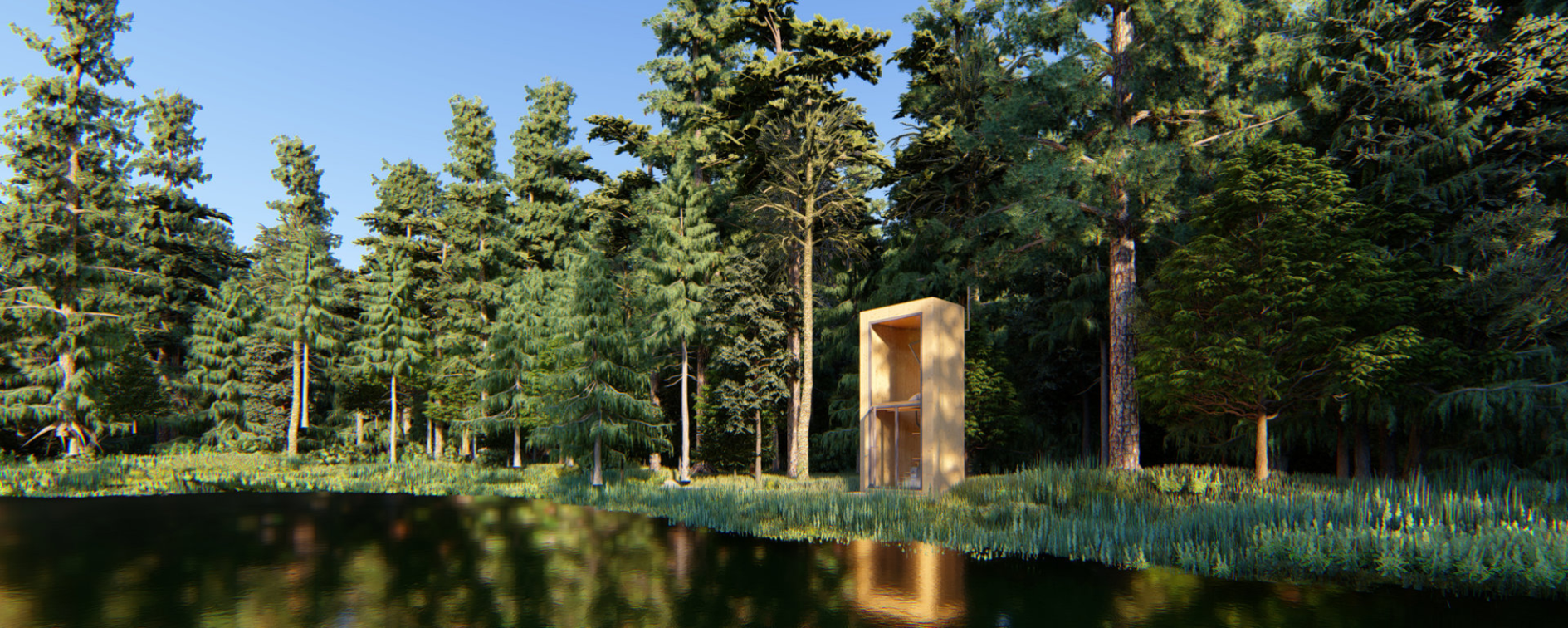 Minimalist off-grid meditation cabin harmonizing with nature, offering a peaceful escape by the water for reflection and relaxation.