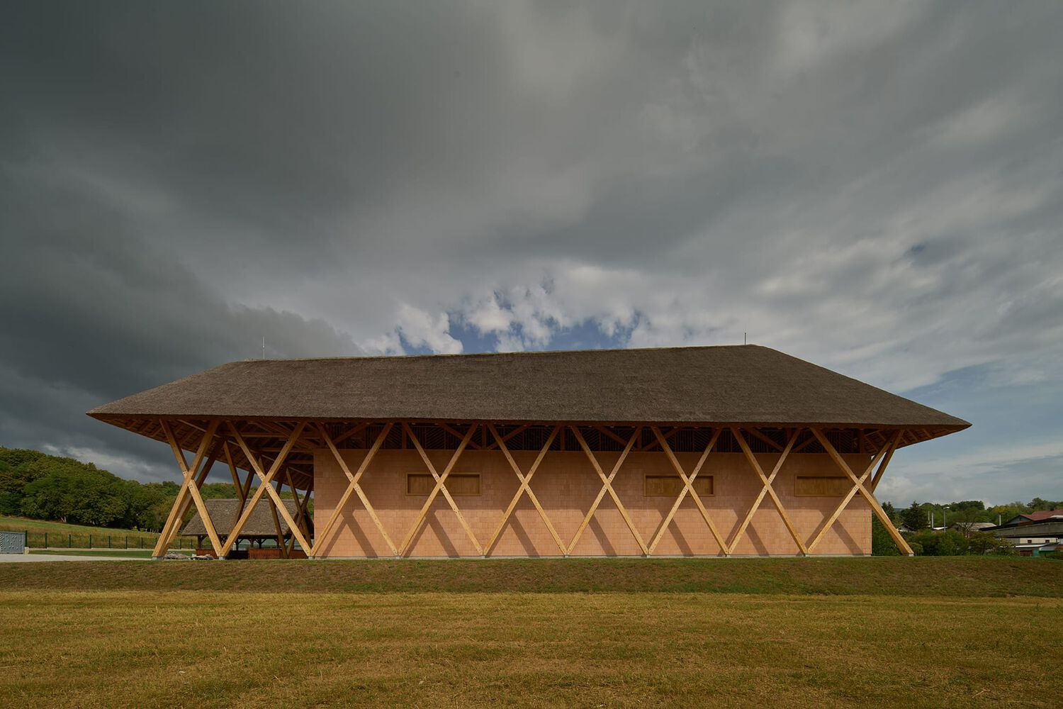 Long facade with diagonal timber bracing and thatched hip roof set in a grass field under cloudy skies