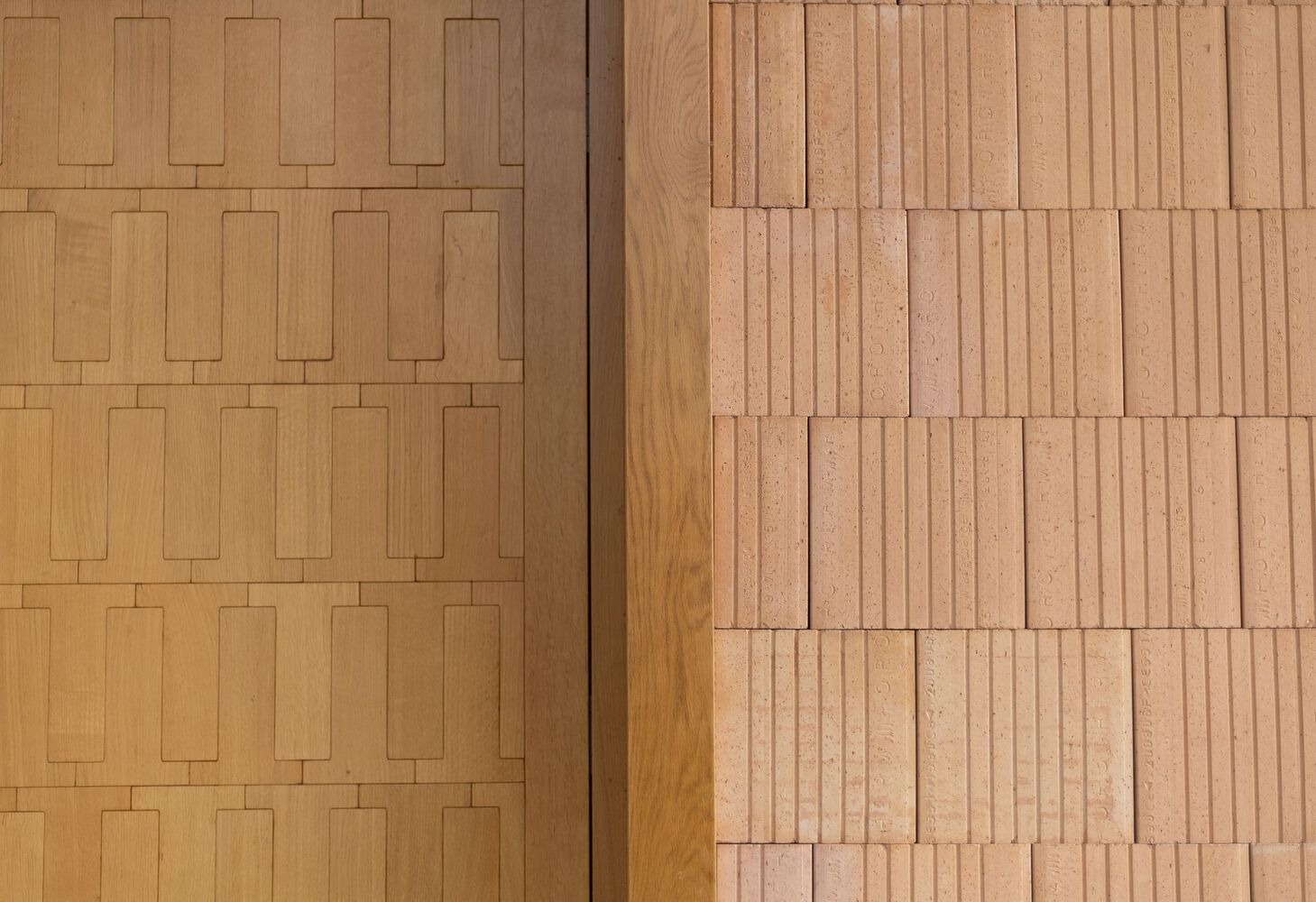 Detail of three different tile bond patterns meeting at a timber column edge