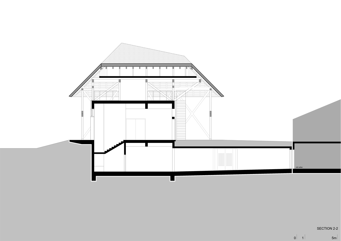 Section drawing showing a pitched-roof structure set into sloping terrain with interior staircase