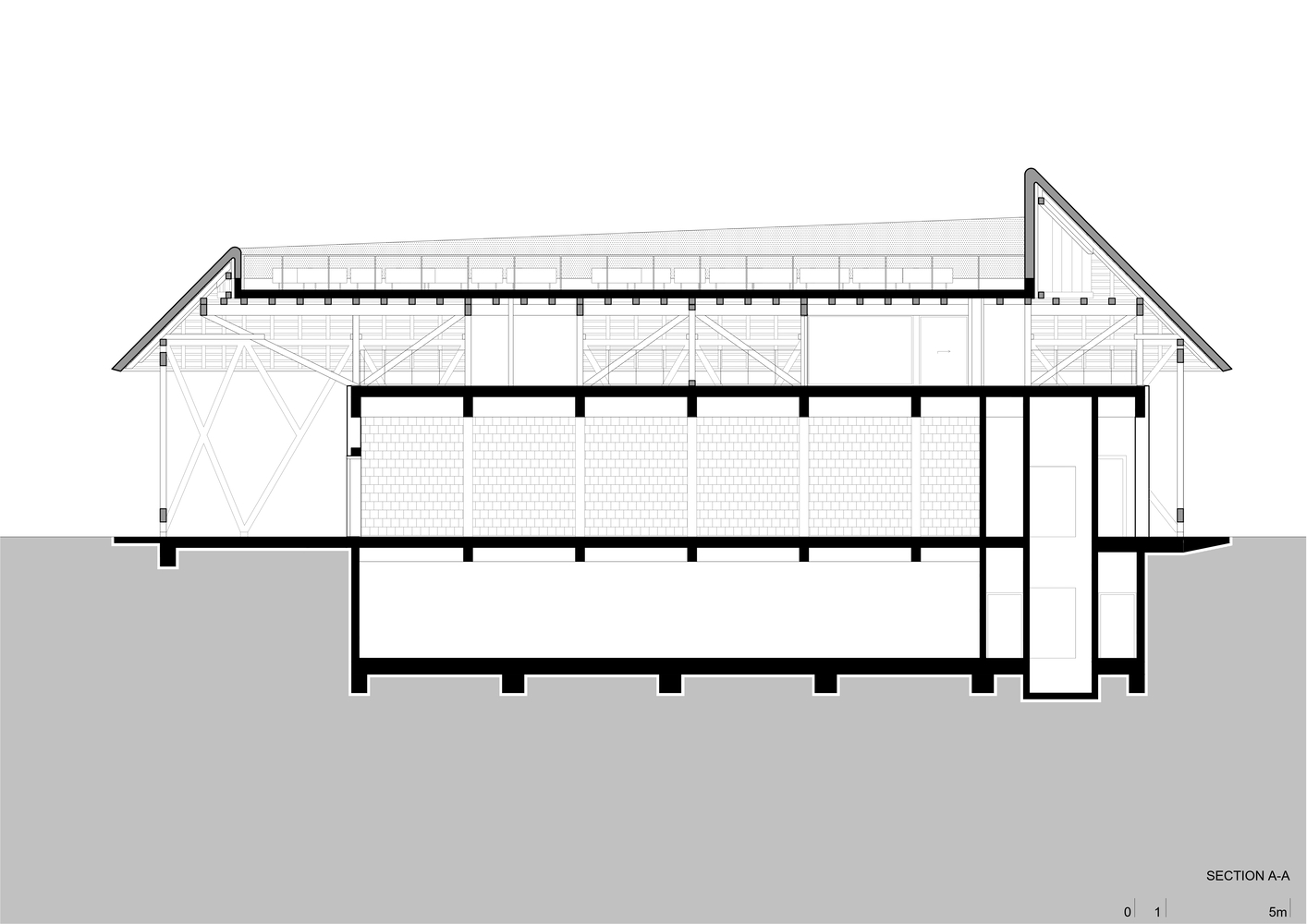 Section drawing revealing double-height interior space with tiled wall and basement level below grade