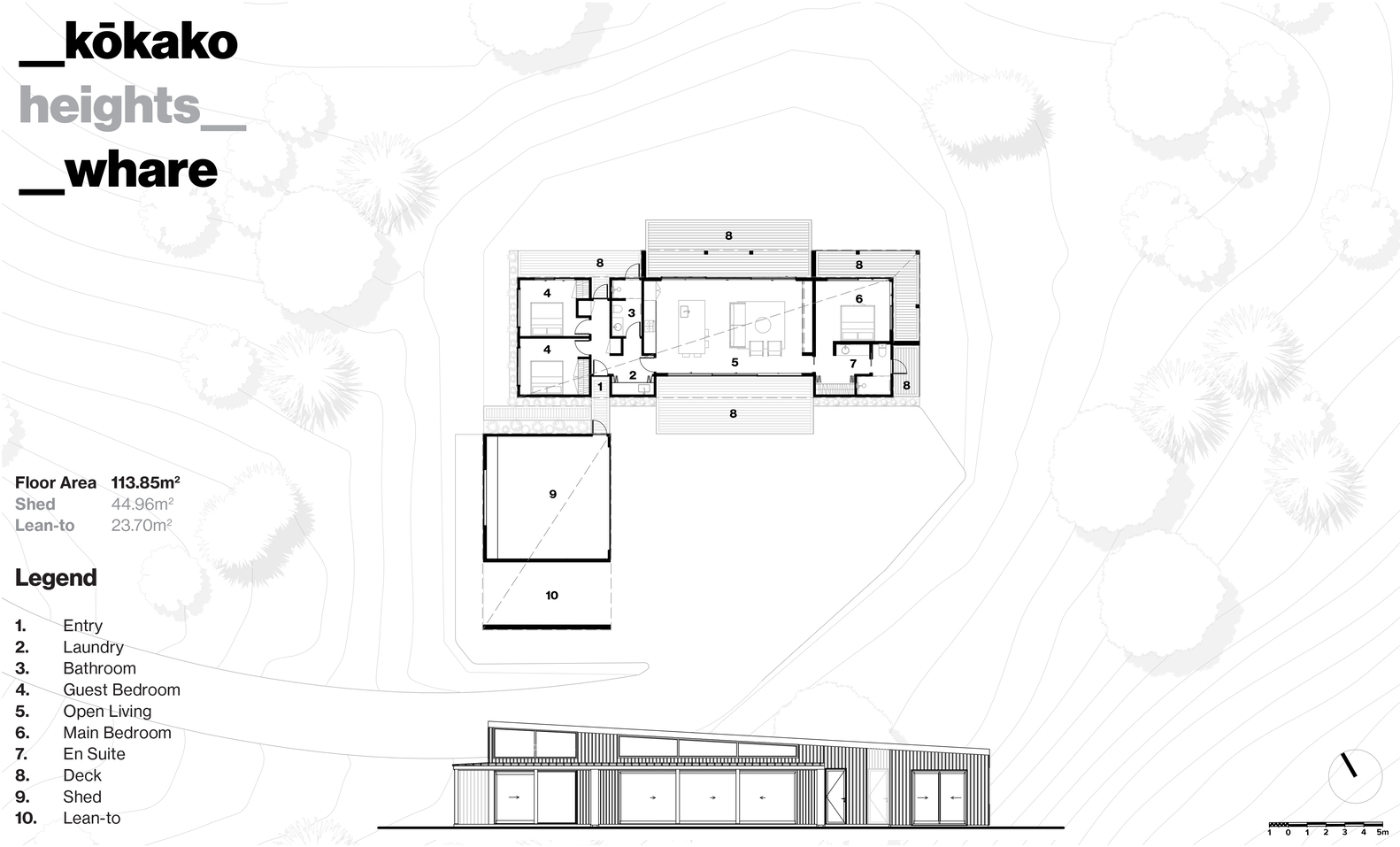 Floor plan and elevation drawing showing the linear layout with deck and separated shed volume