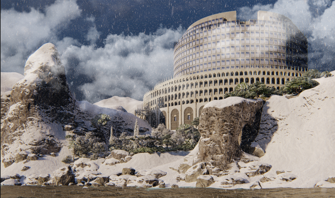 Snow-Covered Babel Prison – A futuristic high-security prison nestled in a winter landscape.