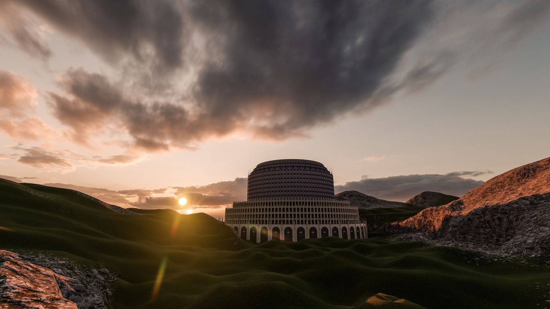 Sketch of Babel Prison – The initial architectural concept in wireframe form.