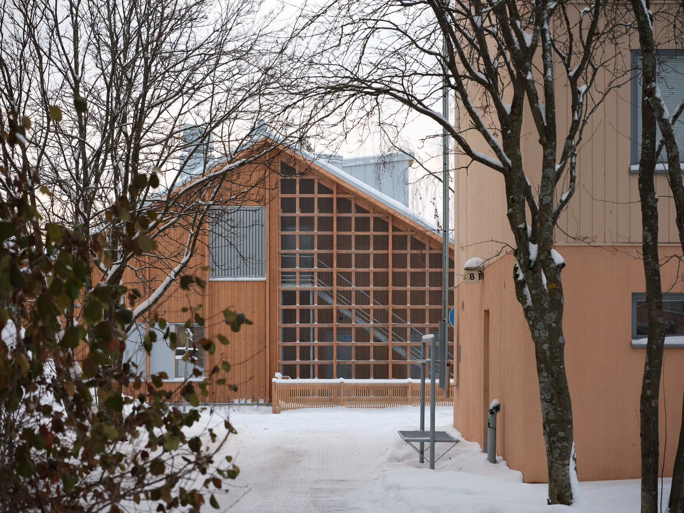 Timber gable end with gridded glass facade visible through bare winter branches and adjacent building