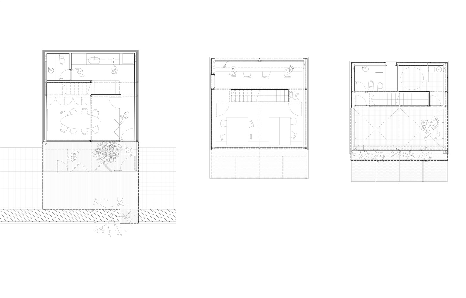Floor plan drawings showing three levels with kitchen, dining area, terrace, and courtyard garden