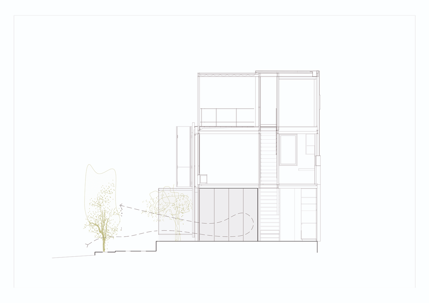 Section drawing revealing three stacked levels with interior stairs and a tree in the courtyard