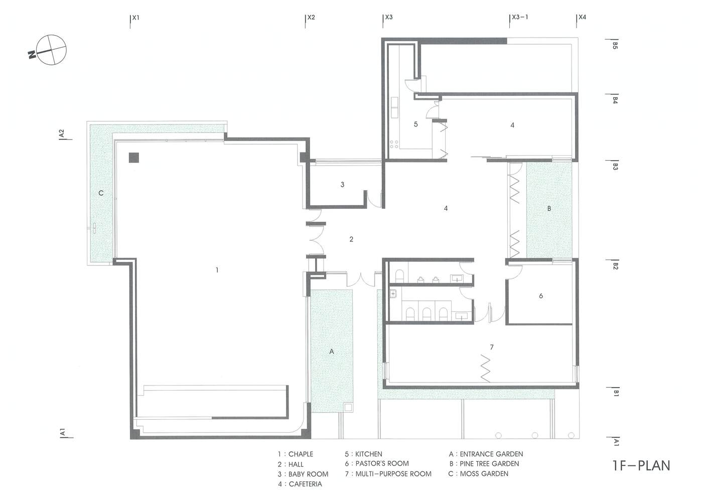 First floor plan drawing showing rooms arranged around three garden courtyards