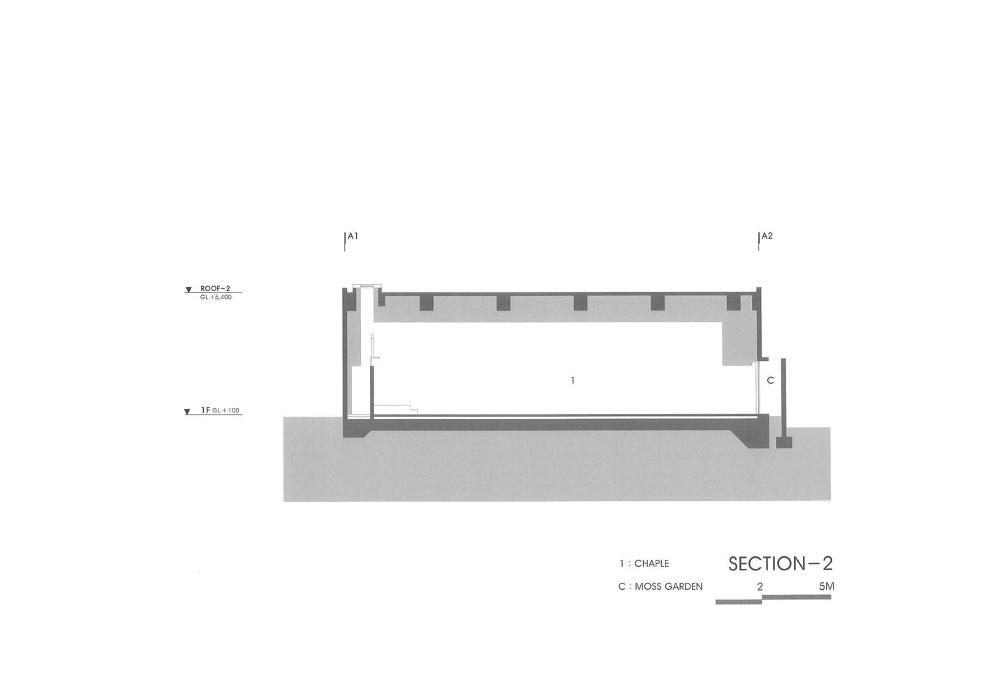 Section drawing showing a single volume with evenly spaced roof openings above