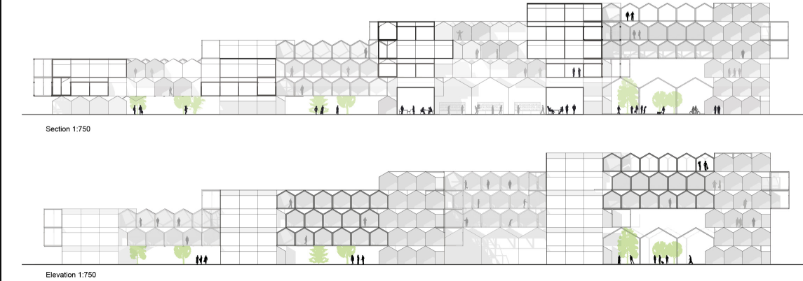 Section and elevation views showcasing the modular justice architecture, emphasizing transparency, community integration, and rehabilitation-focused design.