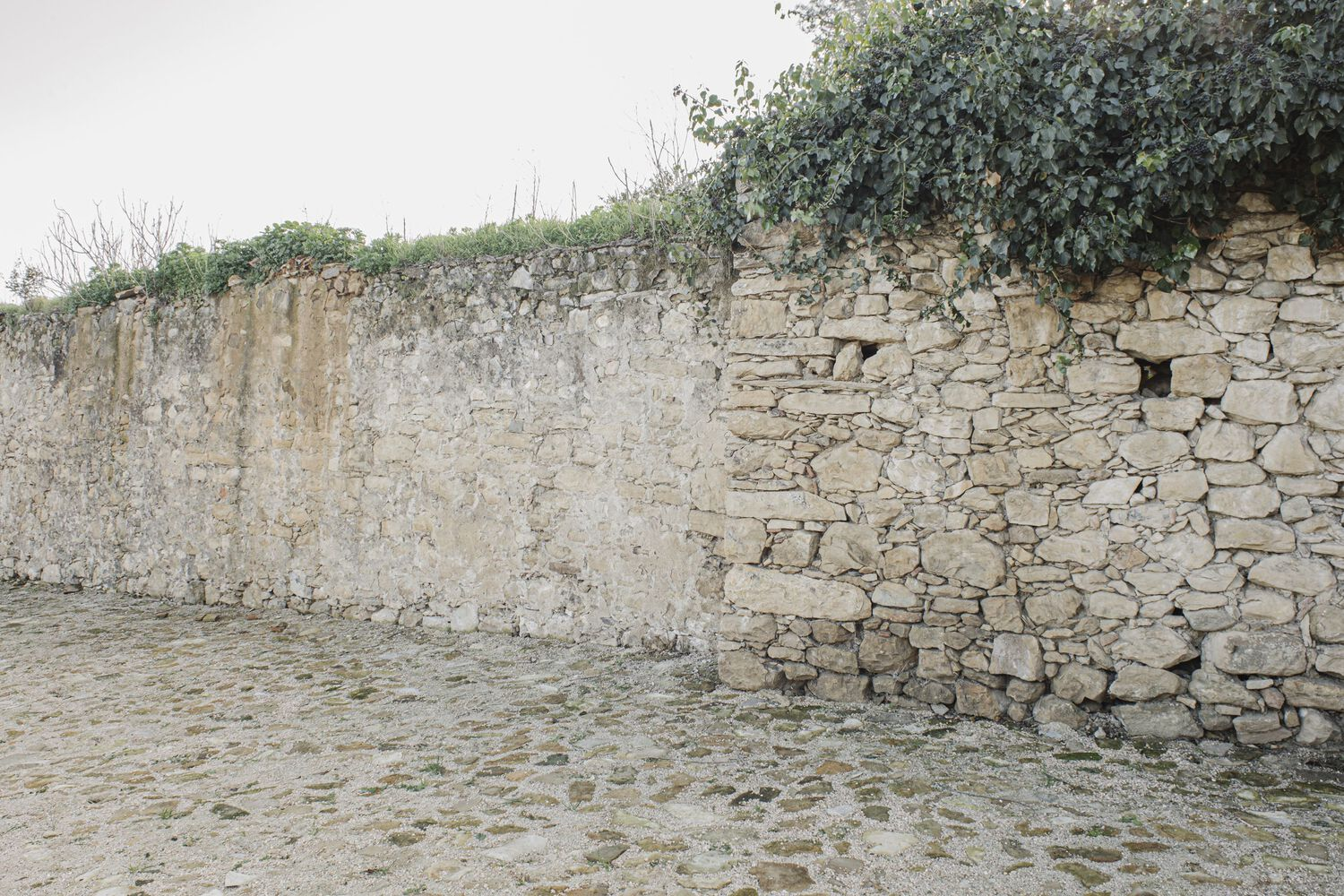 Weathered stone retaining wall with vegetation above meeting a cobblestone paved ground surface