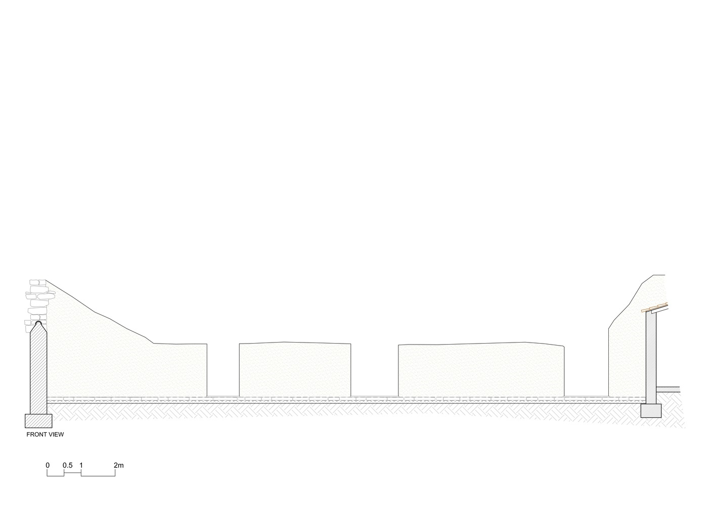 Front elevation drawing showing varied roof heights and column details with textured floor pattern