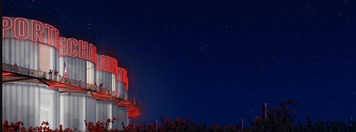 Illuminated Silos – A striking nighttime view of the stadium, highlighting its adaptive reuse of silos with bold neon signage.