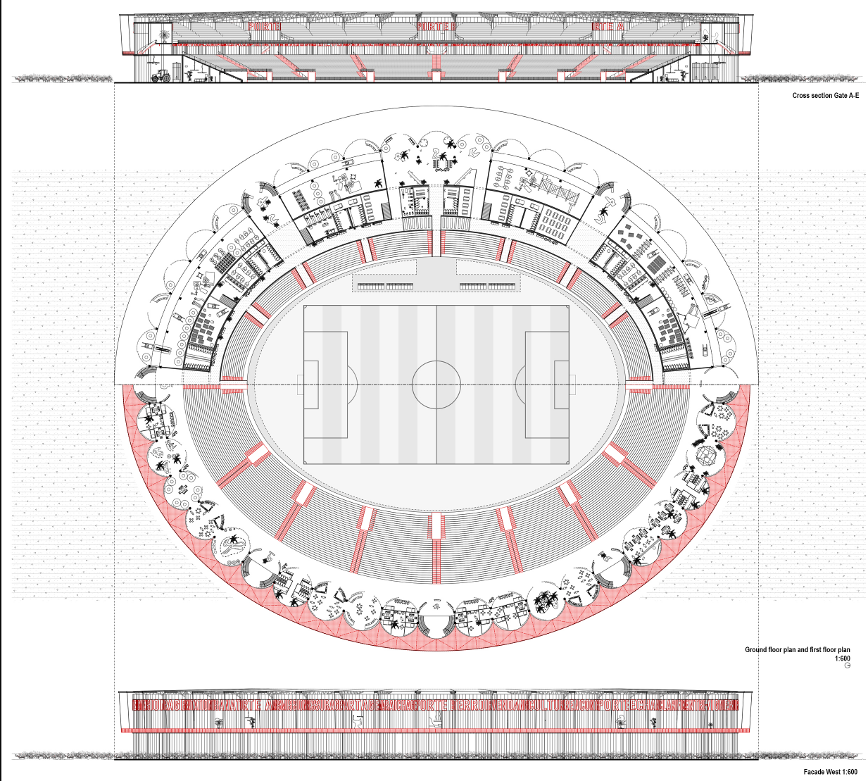 Architectural Blueprint – Detailed stadium floor plans and sectional drawings illustrating the multi-functional design approach.