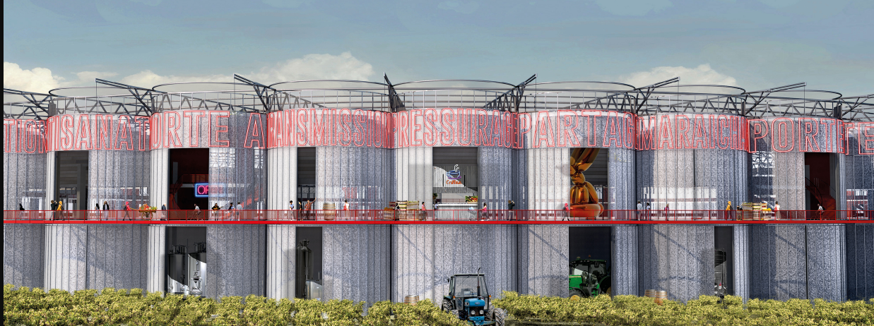 Sustainable Facade – A close-up of the stadium exterior, showcasing its integration with agriculture and industrial heritage.