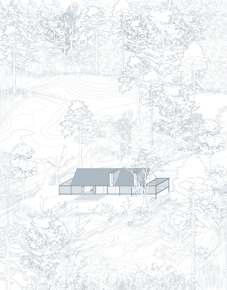 Elevation drawing showing the angular roof volumes set in a wooded hillside with topographic contours