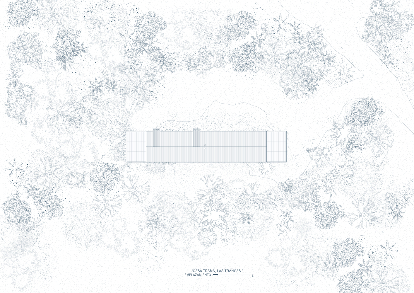 Site plan showing a linear structure surrounded by dense tree canopy drawn in fine line detail