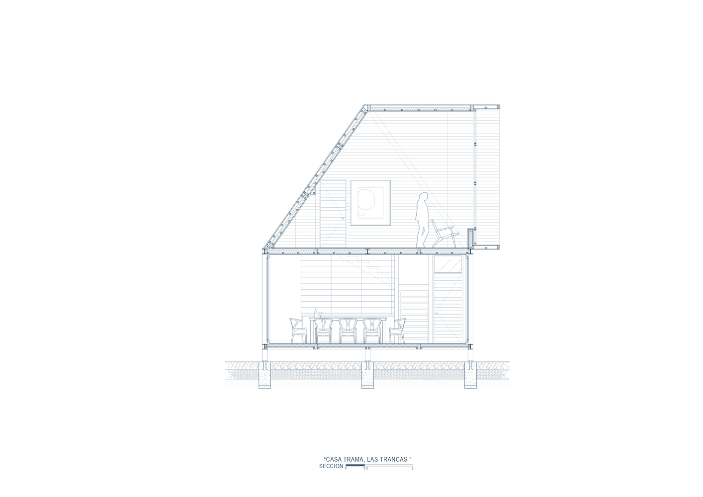 Section drawing revealing sloped roof, deck with figure walking, and dining area with chairs below