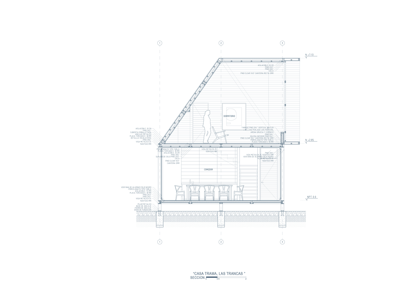 Annotated section drawing showing sloped roof construction, interior levels with walking figure, and material callouts