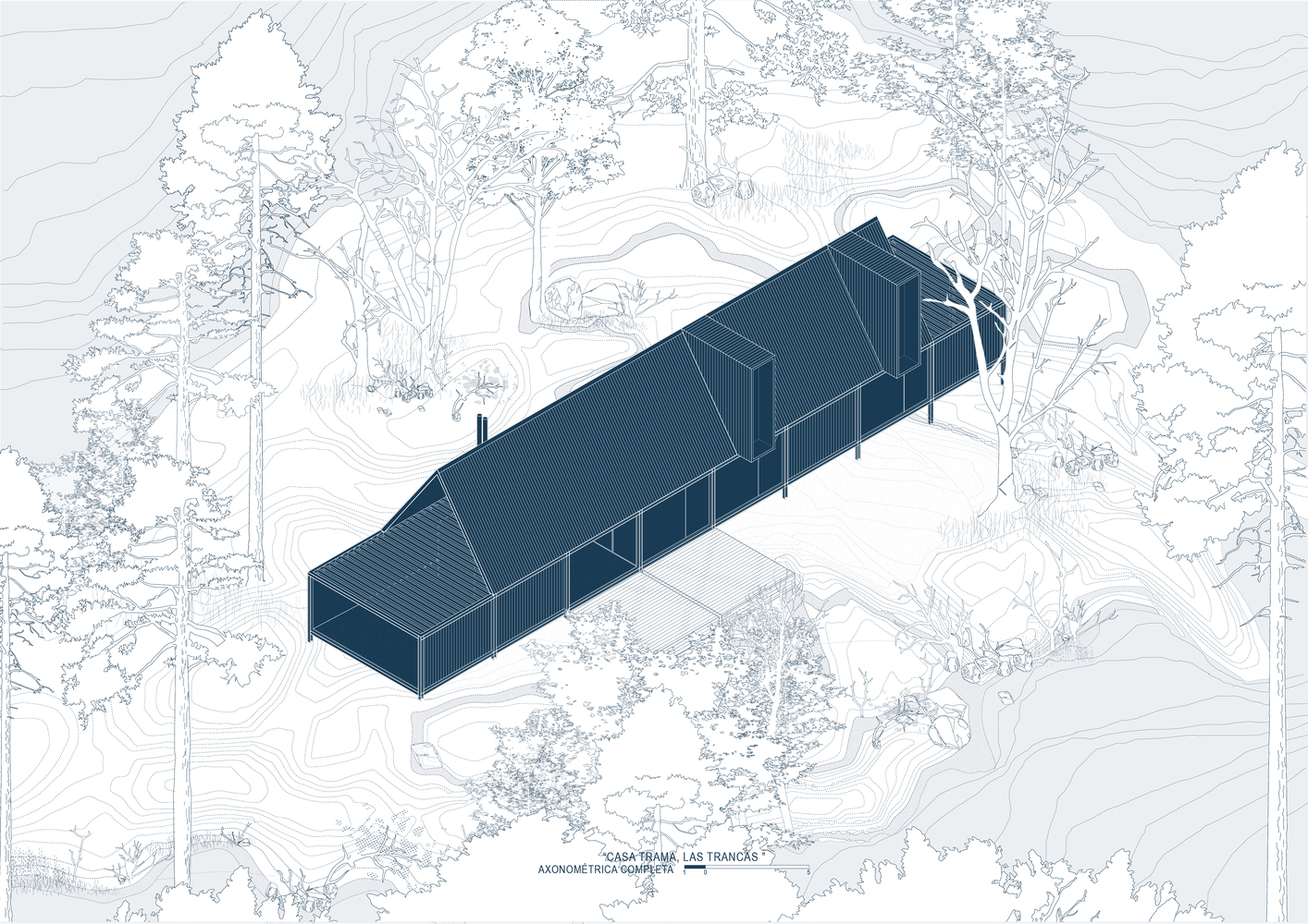 Axonometric drawing showing a linear building nestled among contour lines and vegetation