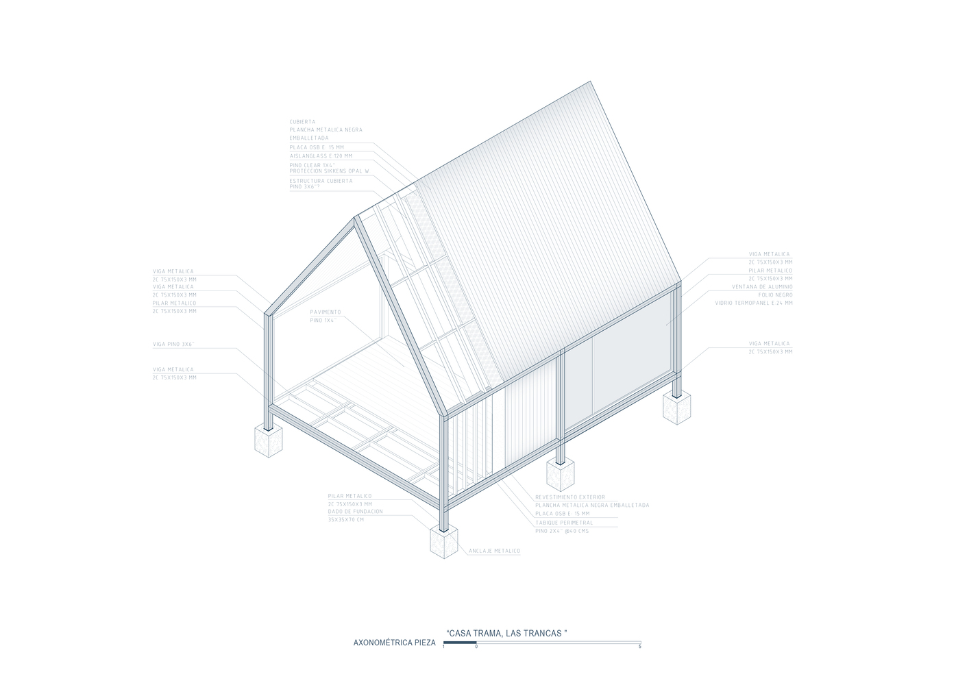 Exploded axonometric drawing of a small gabled structure with labeled material components