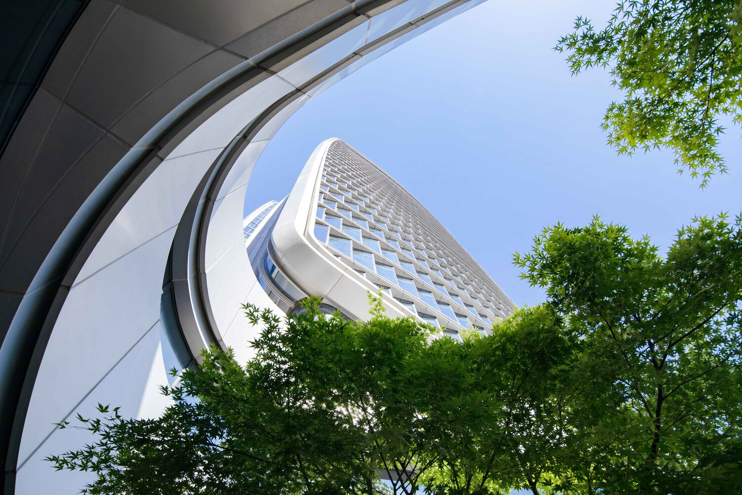 Upward view of curved white tower facade with undulating balconies framed by green trees