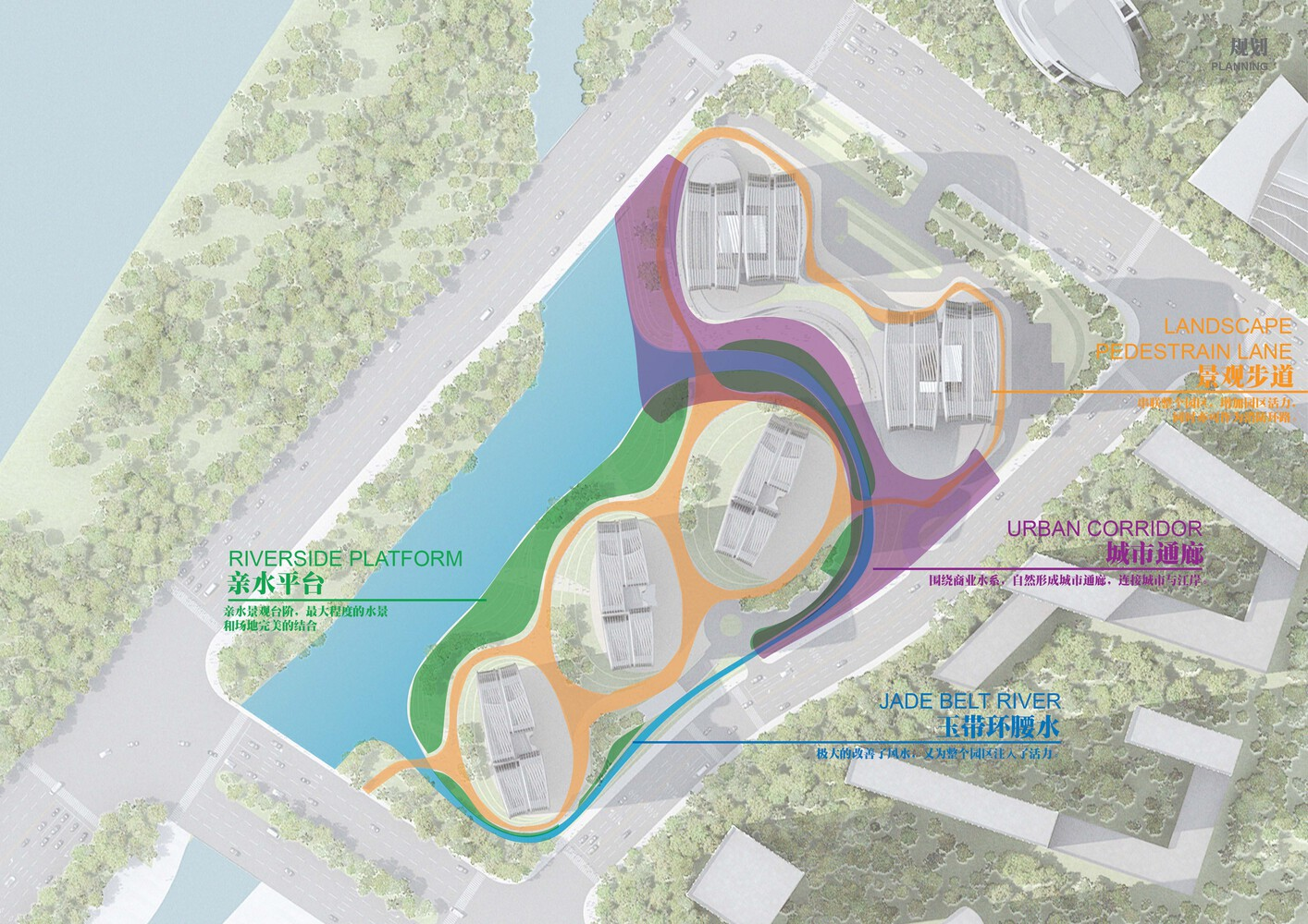 Site plan drawing showing three-lobed building footprints adjacent to river with colored program zones