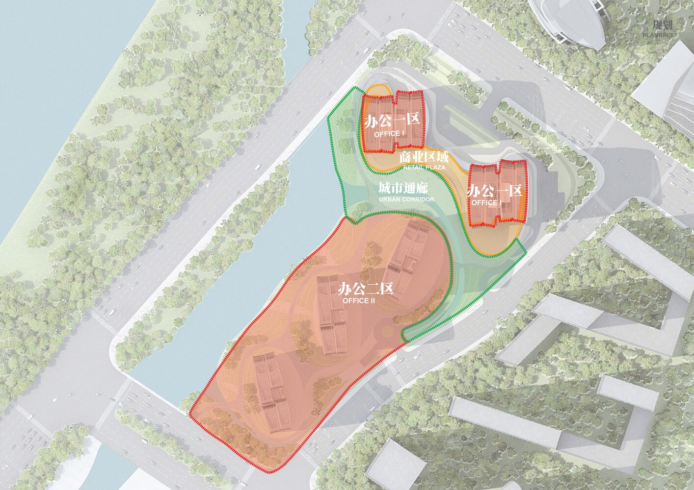Site plan drawing indicating building volumes with color-coded functional zones and waterfront edge