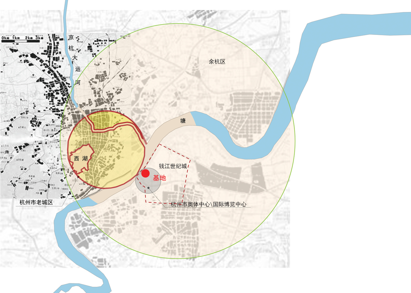 Urban context map showing site location marked in red within overlapping district circles
