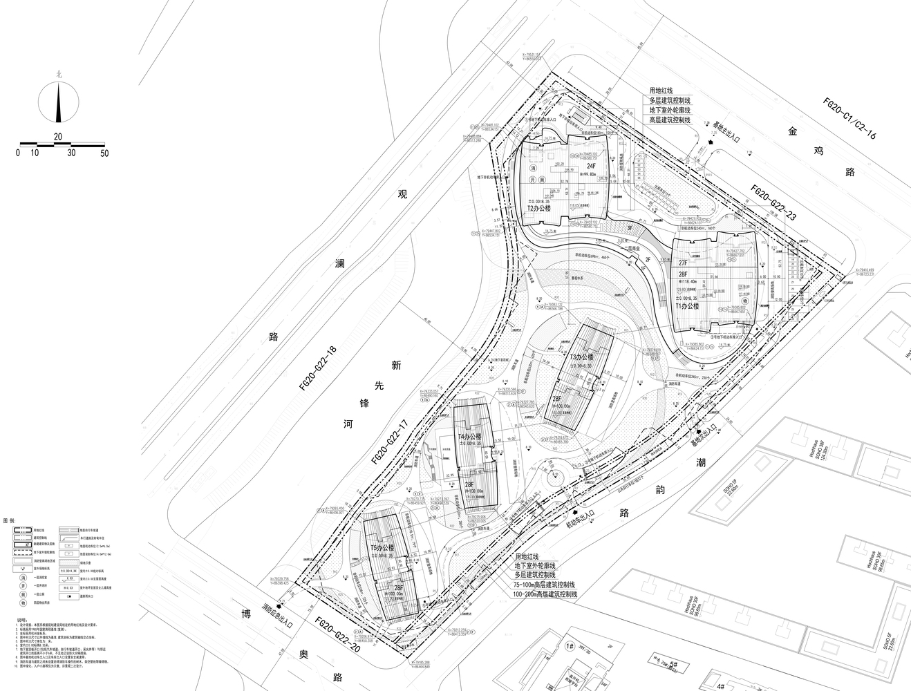 Site plan drawing showing multiple buildings arranged along a triangular plot with adjacent roadways