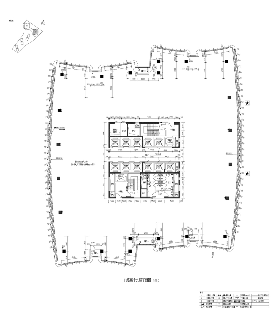 Floor plan drawing of an irregularly shaped tower floor with central core and perimeter columns