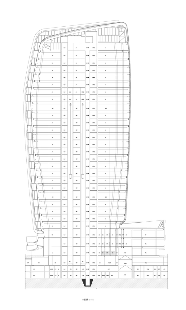 Building section drawing showing a curved tower rising from a horizontal podium base