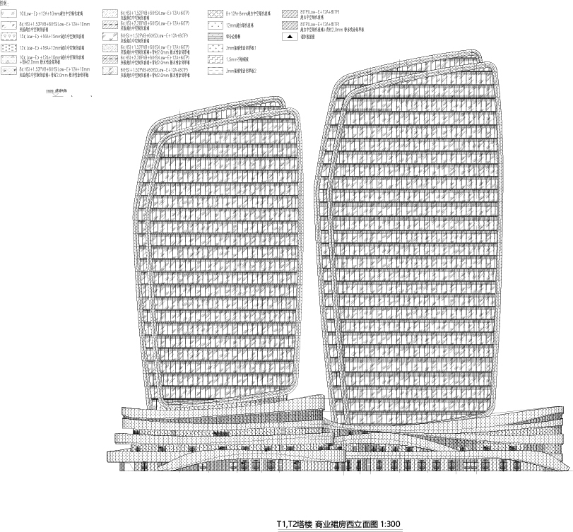 Elevation drawing of twin curved towers with horizontal banding atop a shared podium structure