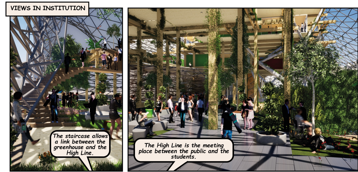 Green Spaces, Vibrant Community – The High Line connects students and the public in a shared biophilic environment.