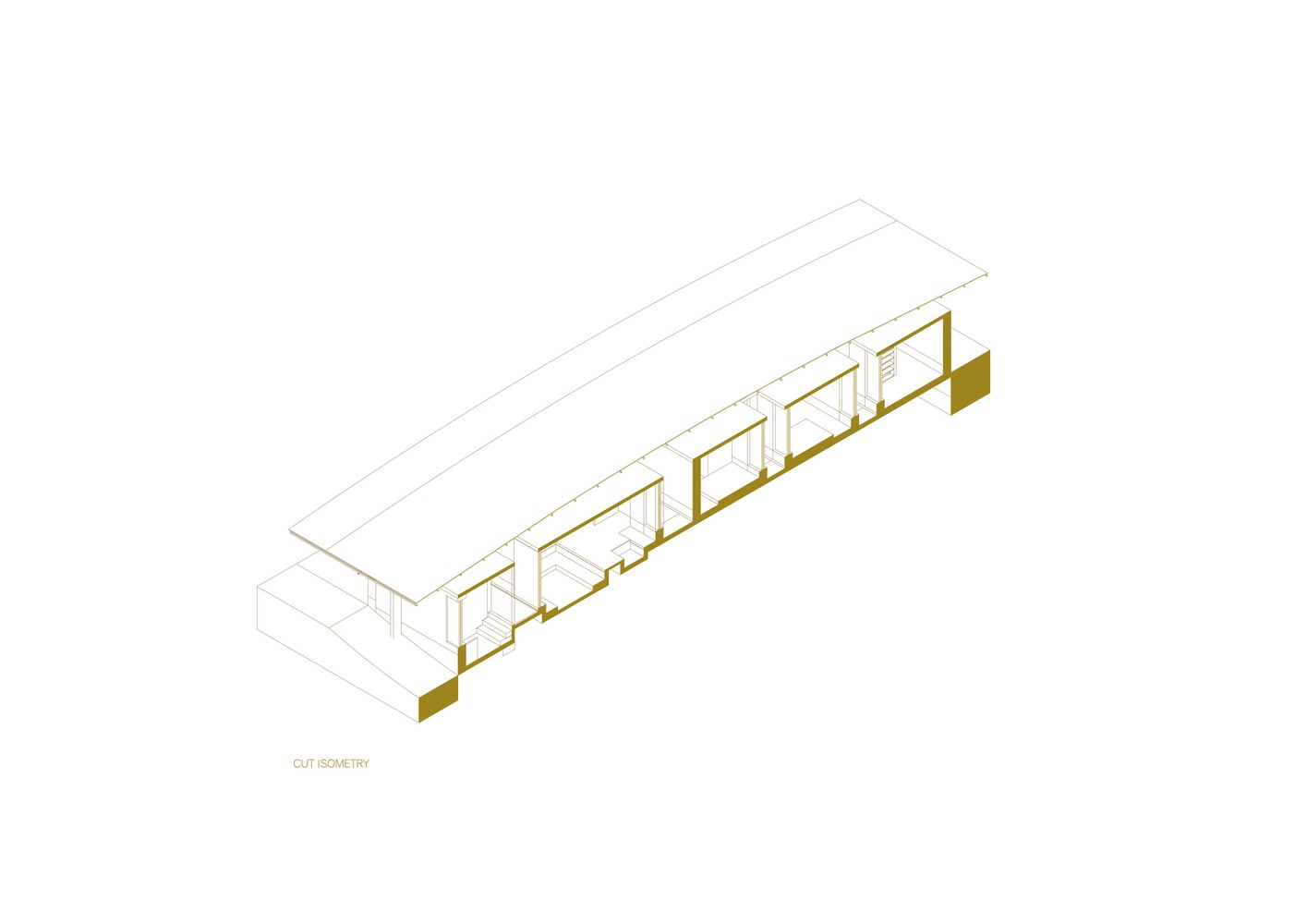 Axonometric drawing showing clay construction modules beneath a long pitched roof structure