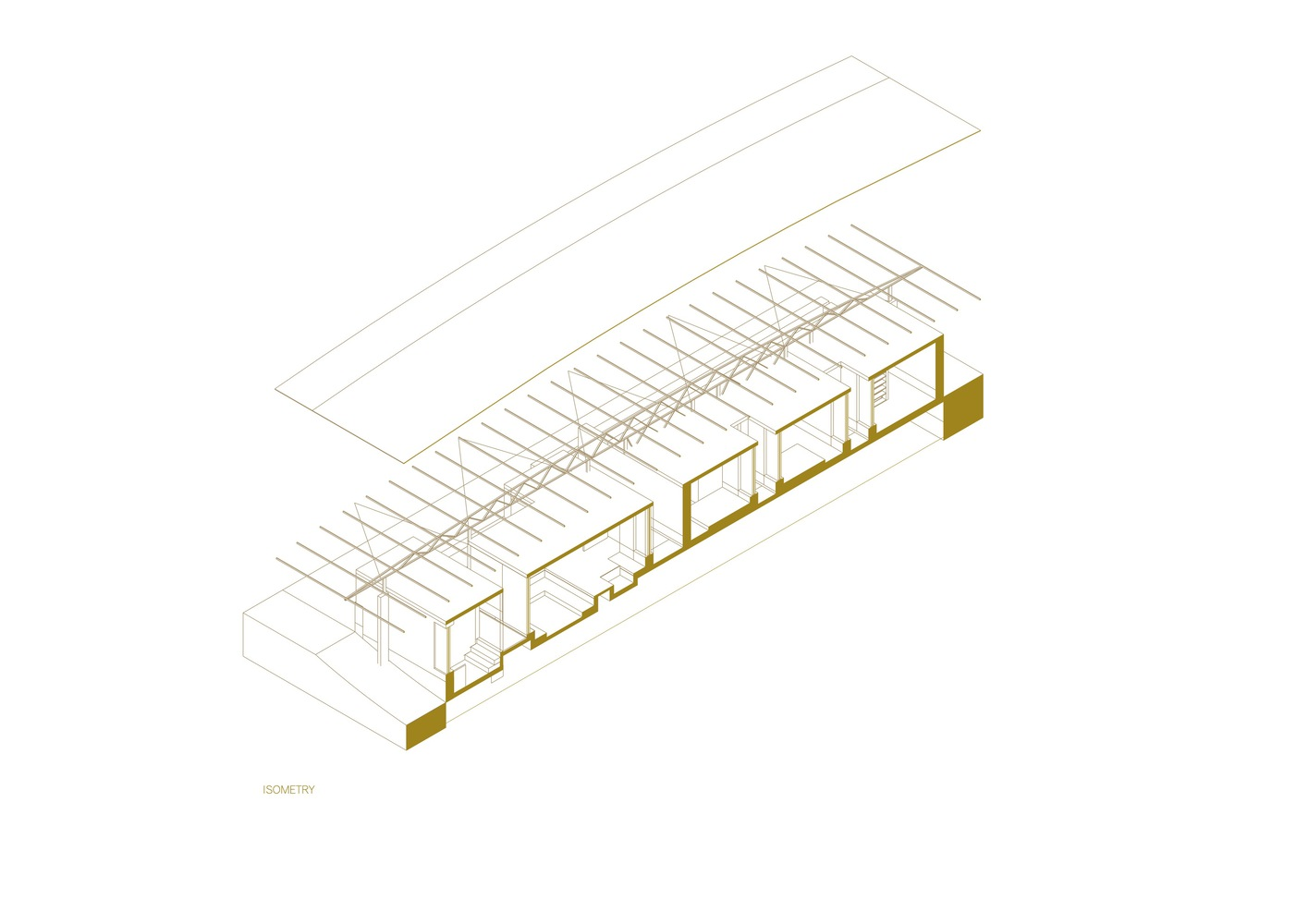 Isometric drawing showing timber framing and clay modules under a continuous gabled roof