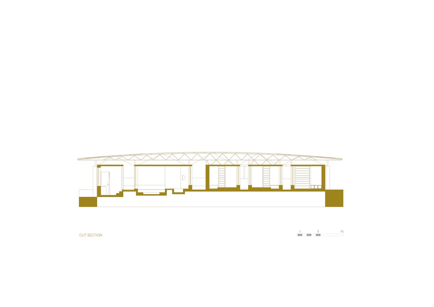 Section drawing showing the interior volumes beneath a flat truss roof with flanking masses at each end