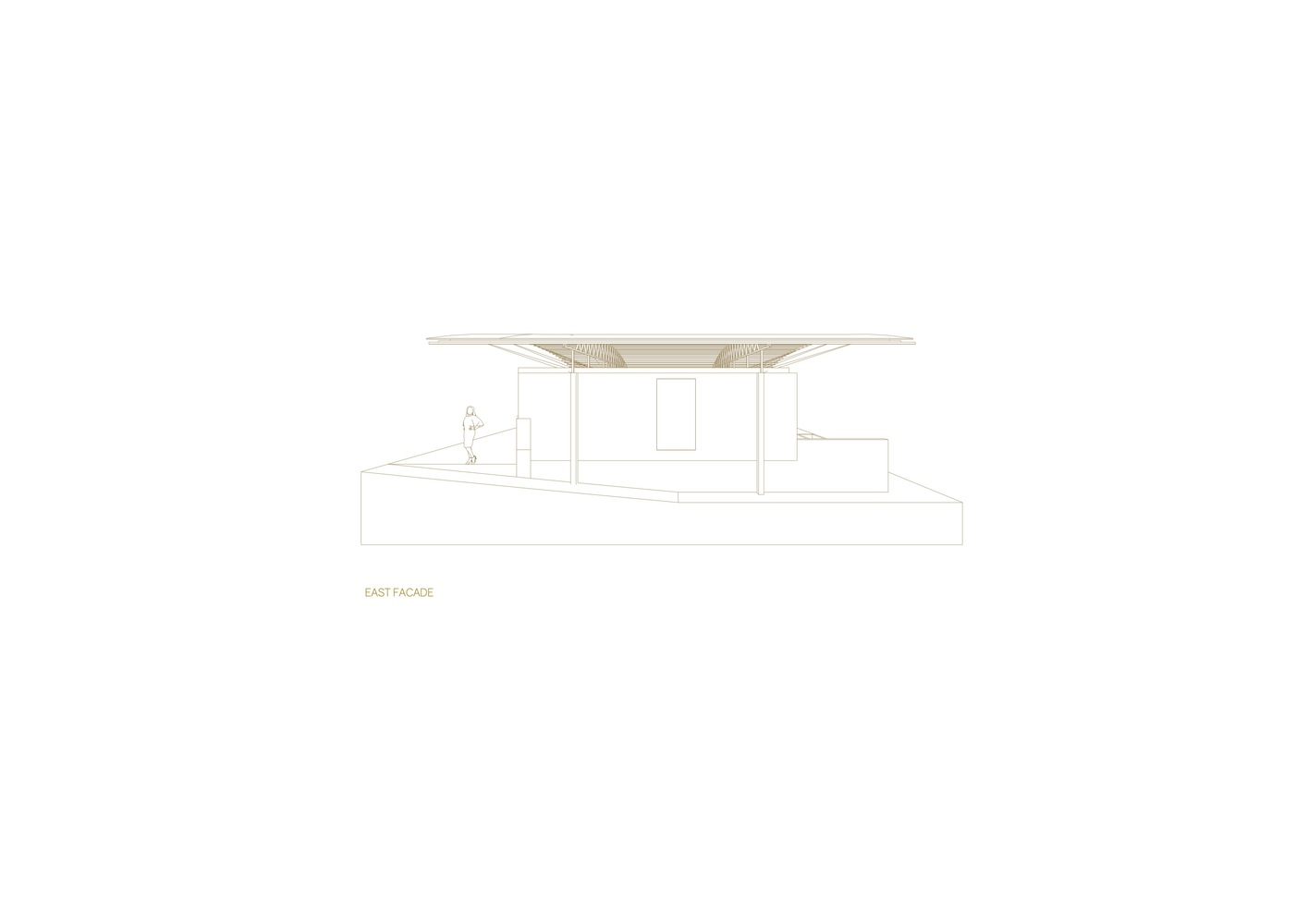 East elevation drawing revealing a cantilevered roof overhang above a minimal glazed facade and raised plinth