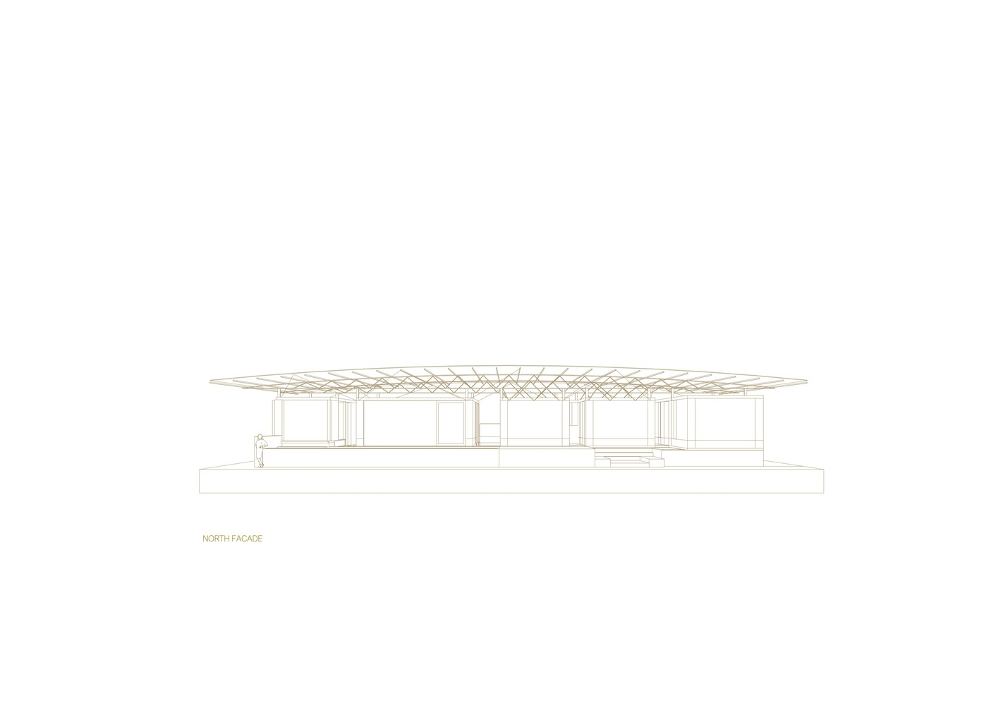 North elevation drawing displaying the full-width truss roof structure supported by slender columns along the facade
