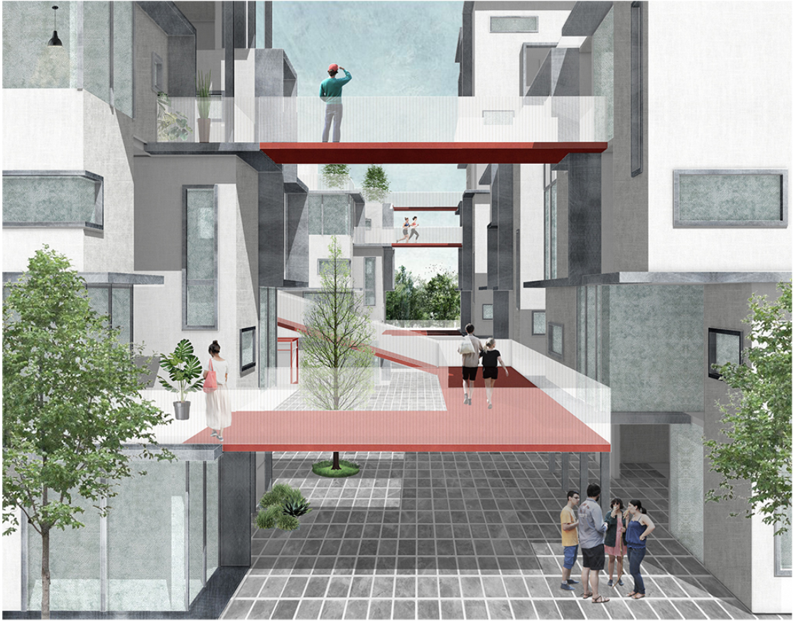 Community Spaces & Connectivity – Elevated walkways and shared spaces foster social interactions in a modern urban environment.
