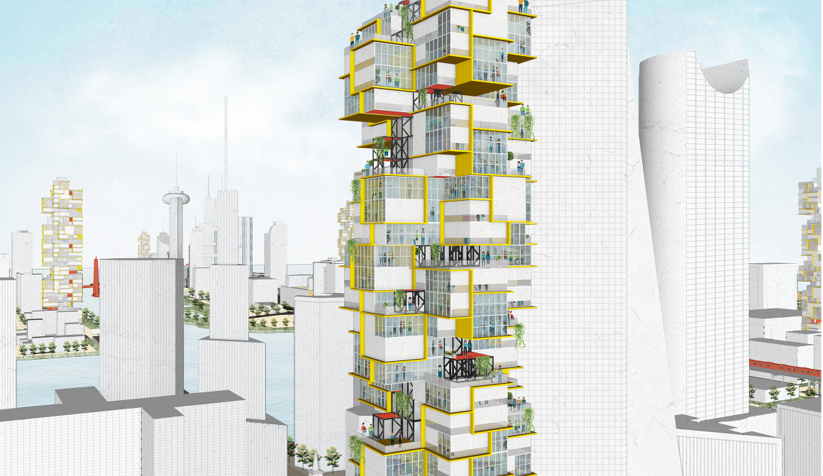 Skyline Integration – A futuristic high-rise modular housing concept blending into the urban skyline.