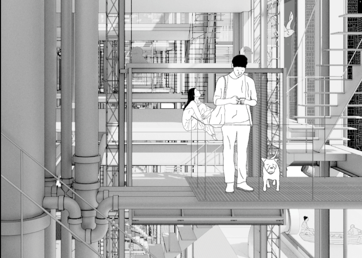 Bridging Architecture and Life – A depiction of human interaction within an elevated, tech-integrated living space.