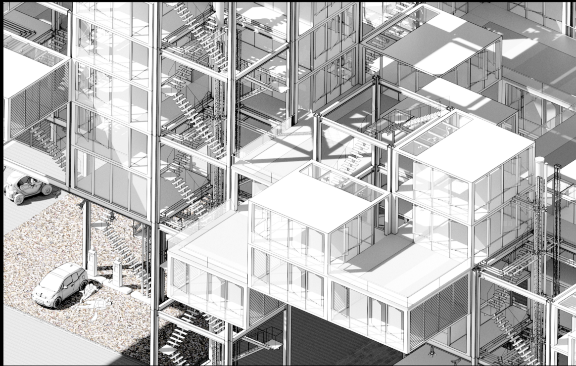 Plug-in Housing Networks – A detailed visualization of interconnected modular housing units.